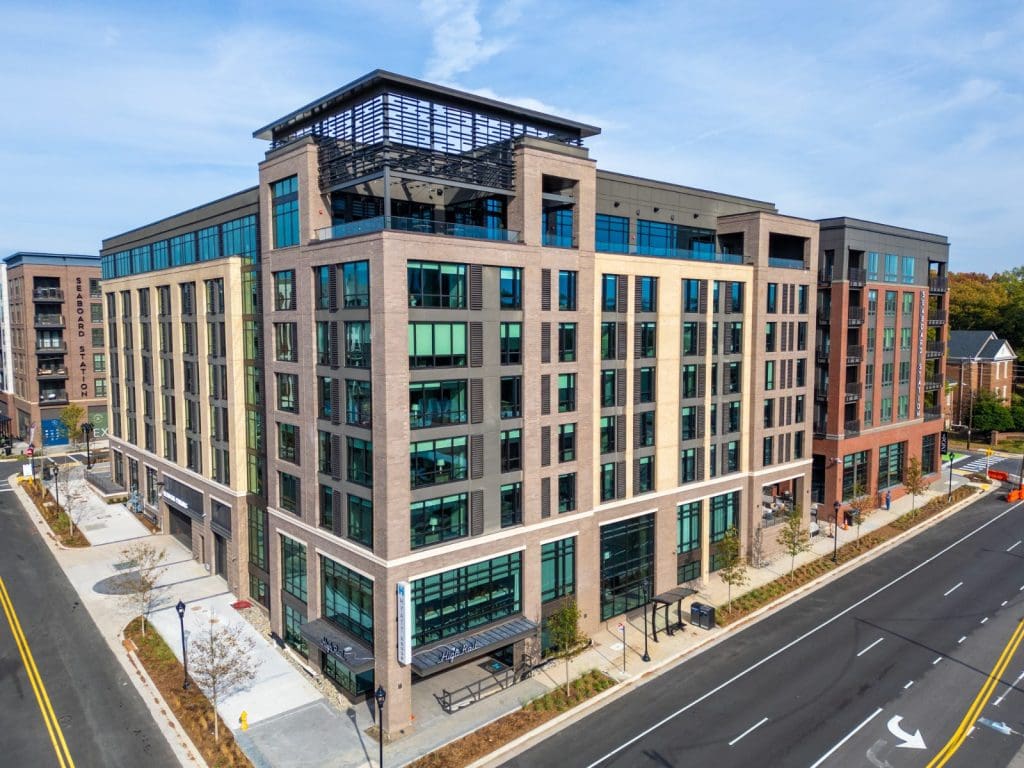 Seaboard Station Block B in Raleigh, a seven-storey mixed-use apartment building on a downtown corner.